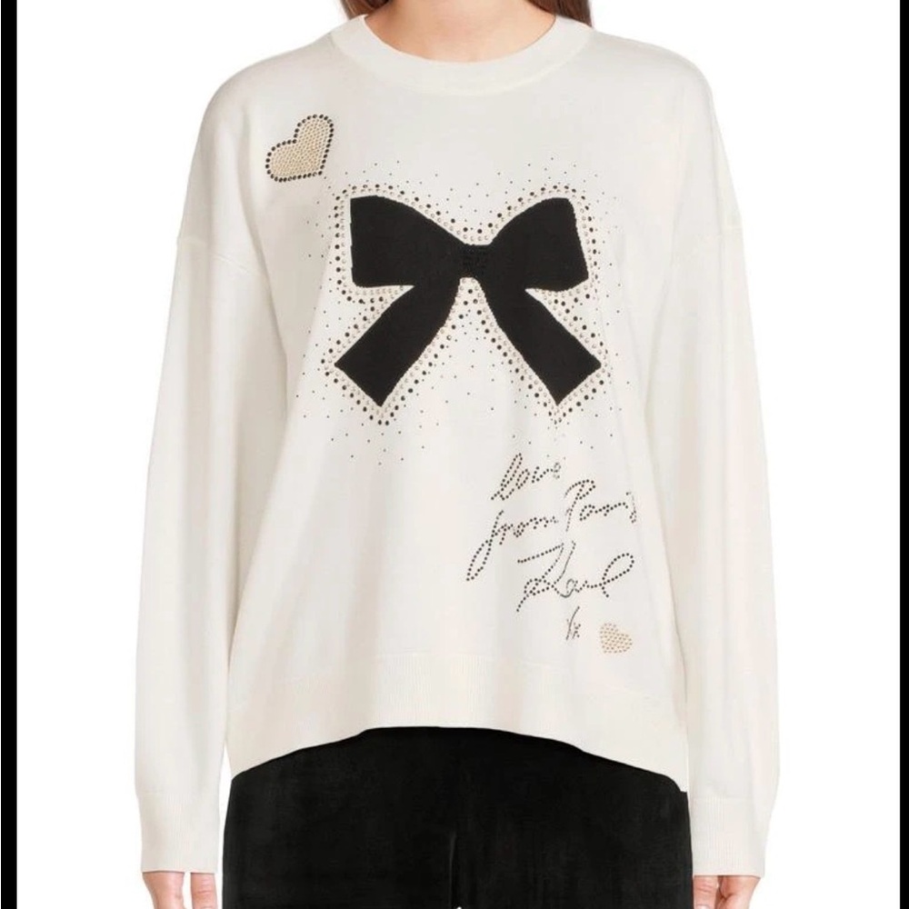 Karl Lagerfeld Cream Sweater with Black Bow and Stud Accents